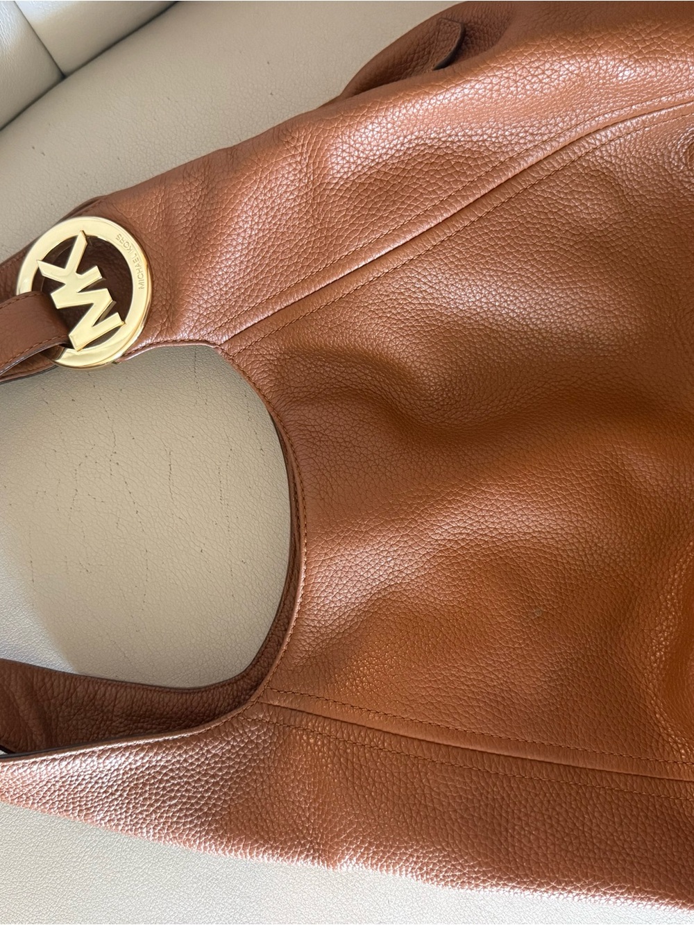 Michael Kors Cognac Pebbled Leather Hobo with Gold MK Emblem